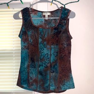 vintage corset style blue and brown tie dye tank top with flowers